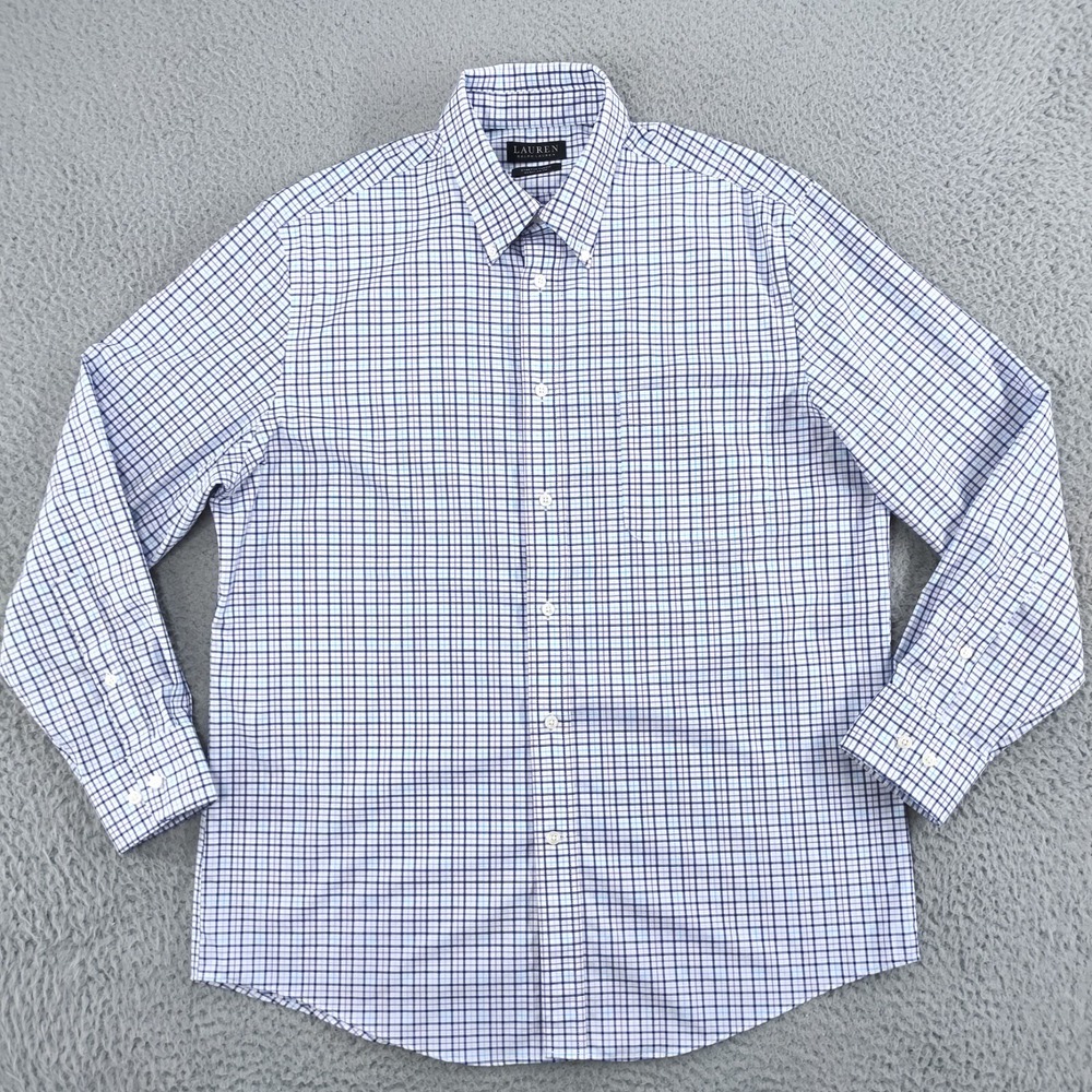 Lauren Ralph Lauren Dress Shirt Mens L Blue Plaid Stretch Regular Fit Black Labl